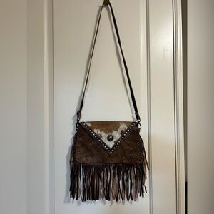 🐮🤠 Myra Bag Brown & Tan Cow print fur Cowgirl leather Crossbody Fringe 🐮🤠